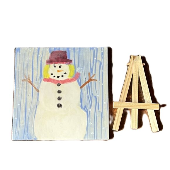 Handmade Snowwoman Ceramic Tile with Wooden Tile Stand, 6